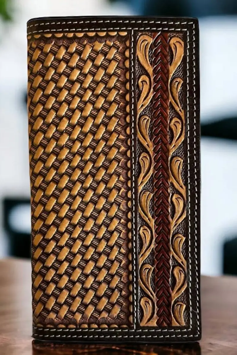 Hand Tooled And Laced Bi Fold Wallet In Brown 1