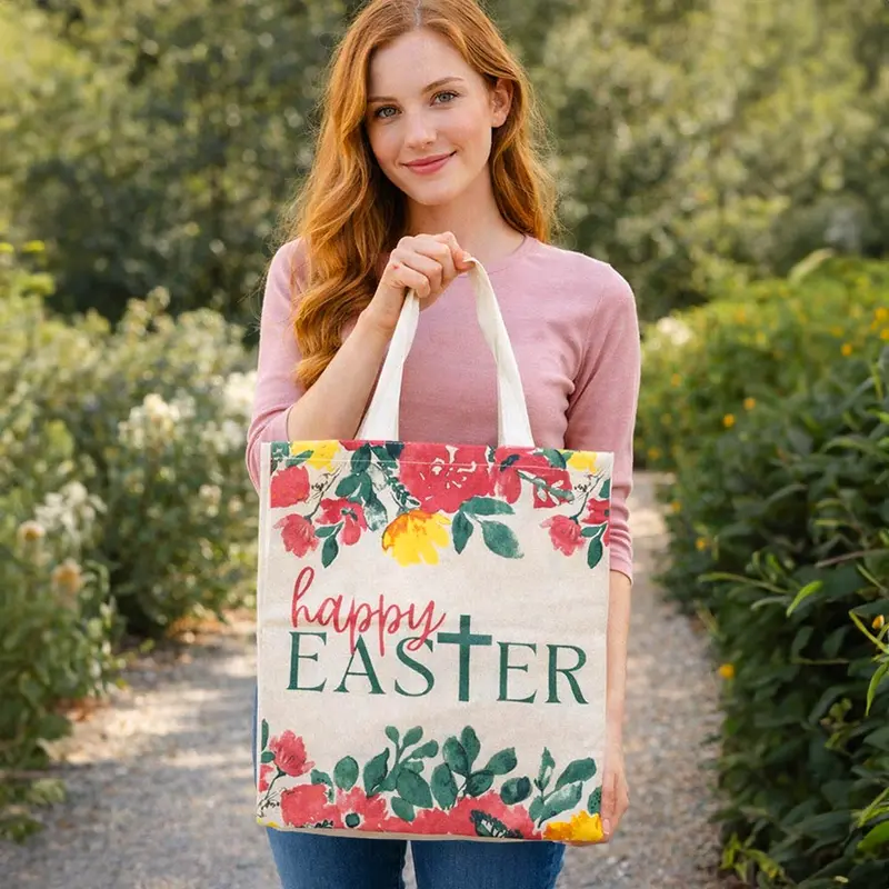 Happy Easter Floral Pattern Print Canvas Shoulder Tote Bag 1