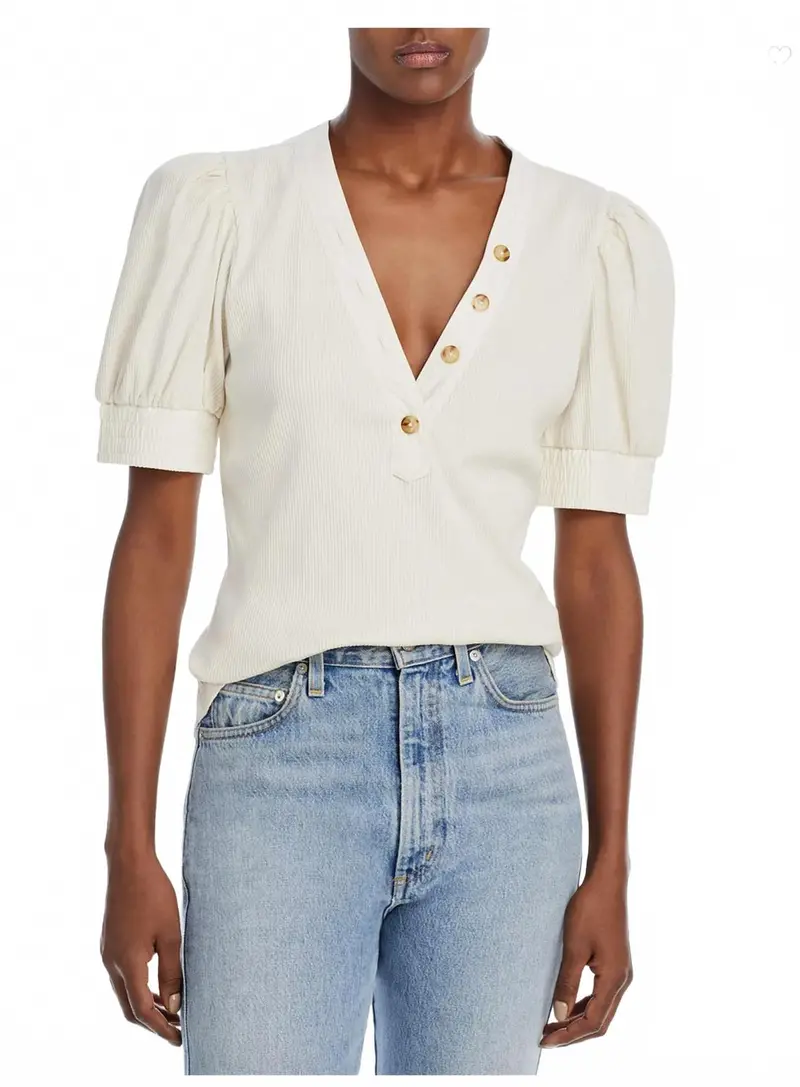 Heather V-Neck Puff Sleeve Top In Off White 1