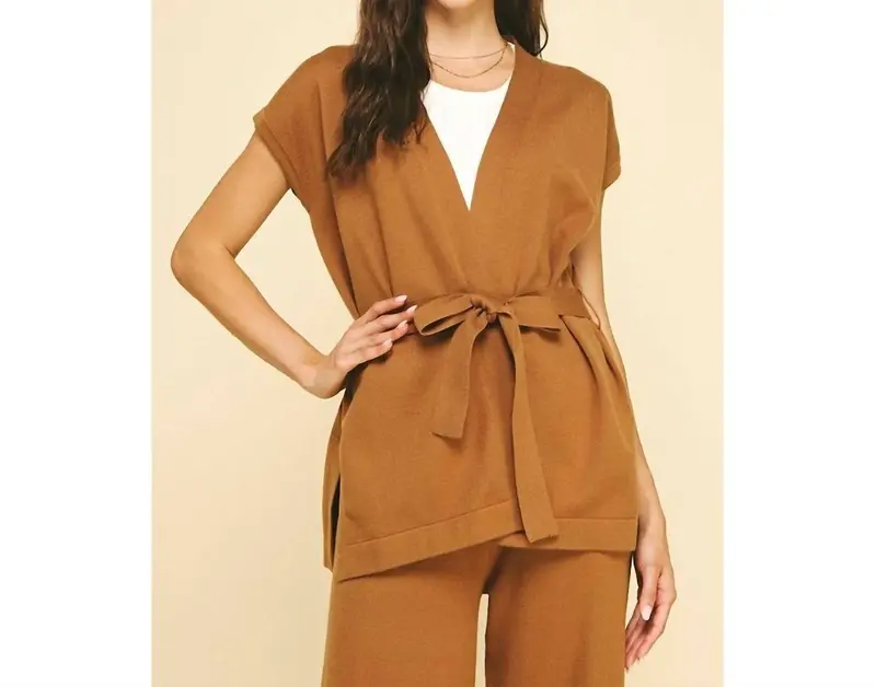 Helena Front Tie Blazer Vest In Camel 1