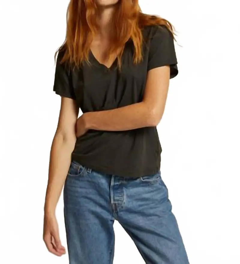 Hendrix Cotton Short Sleeve Boxy V Neck Tee In Vintage Black 1