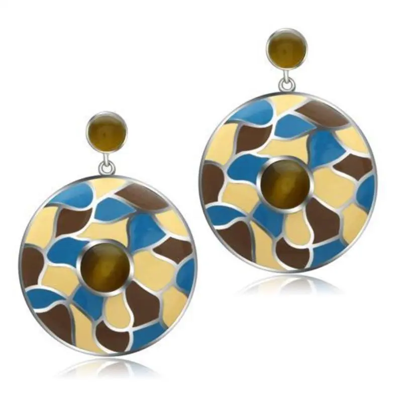 High Polished (No Plating) Stainless Steel Earrings With Synthetic Cat Eye In Brown 1