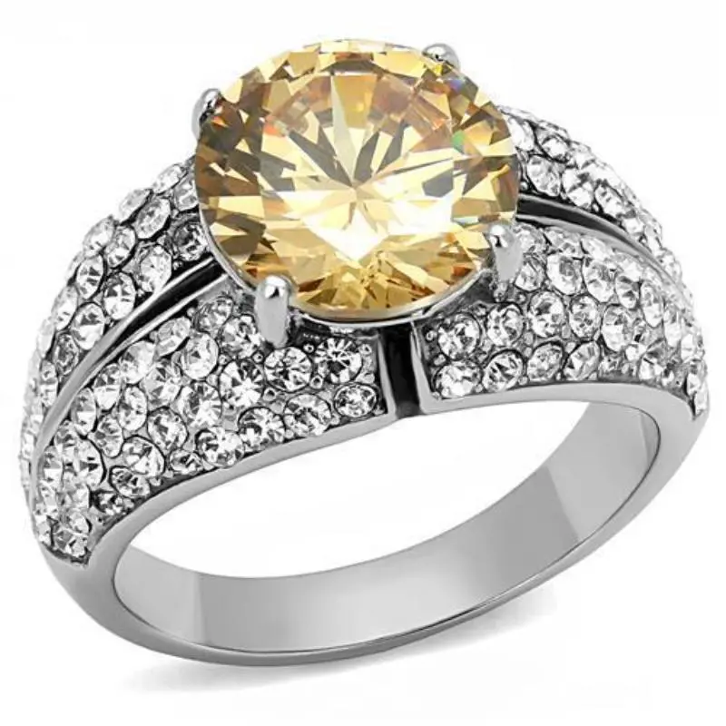 High Polished (No Plating) Stainless Steel Ring With Aaa Grade Cz In Champagne 1