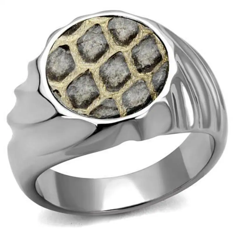 High Polished (No Plating) Stainless Steel Ring With Leather In Animal Pattern 1