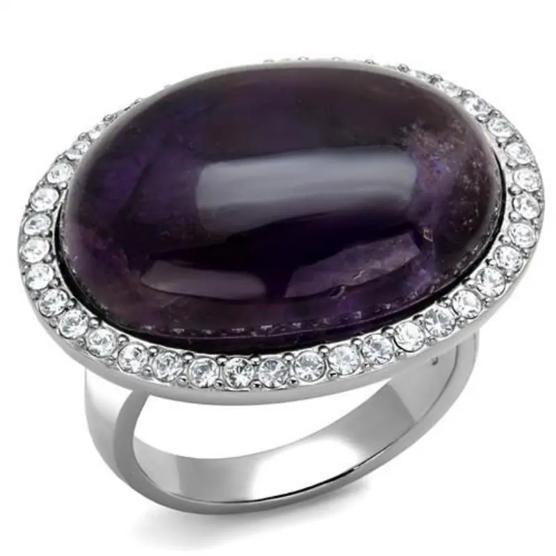 High Polished (No Plating) Stainless Steel Ring With Semi-Precious Amethyst Crystal In Amethyst 1