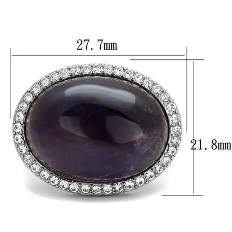 High Polished (No Plating) Stainless Steel Ring With Semi-Precious Amethyst Crystal In Amethyst 2
