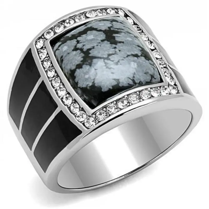 High Polished (No Plating) Stainless Steel Ring With Semi-Precious Snowflake Obsidian In Jet 1