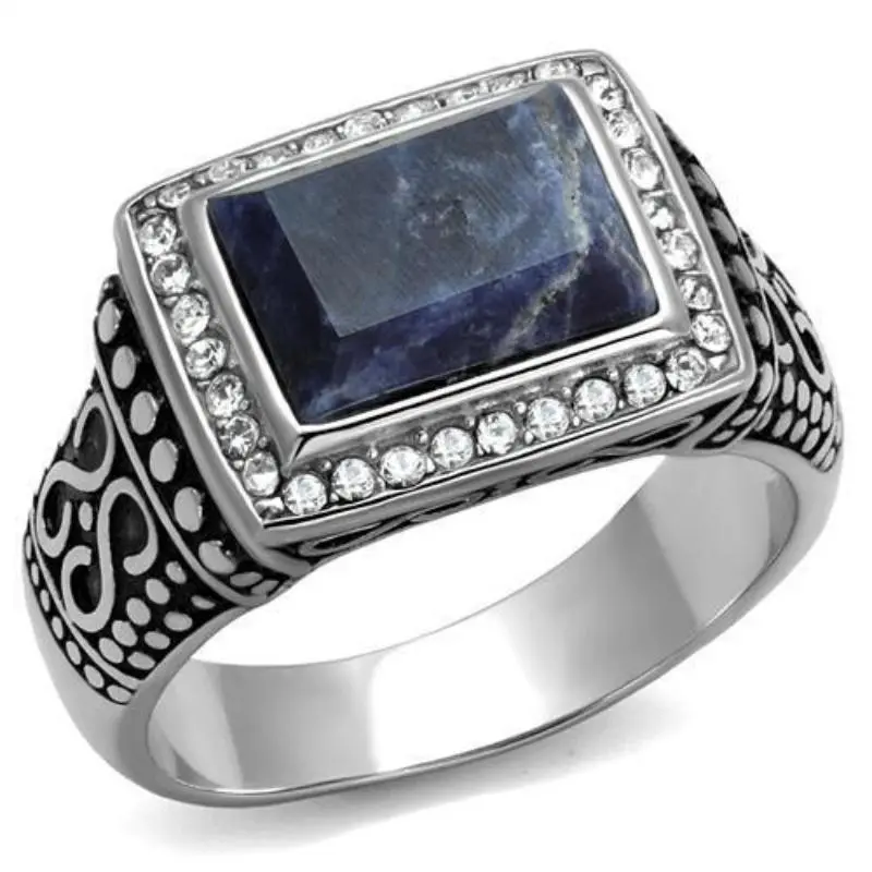 High Polished (No Plating) Stainless Steel Ring With Semi-Precious Sodalite In Capri Blue 1