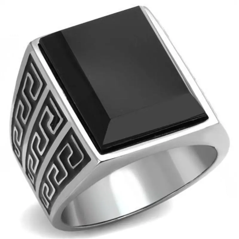 High Polished (No Plating) Stainless Steel Ring With Synthetic Onyx In Jet 1