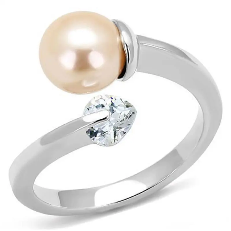 High Polished (No Plating) Stainless Steel Ring With Synthetic Pearl In Light Peach 1