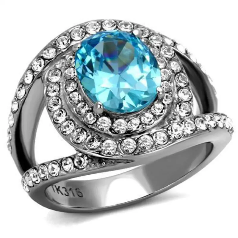 High Polished (No Plating) Stainless Steel Ring With Synthetic Synthetic Glass In Sea Blue 1