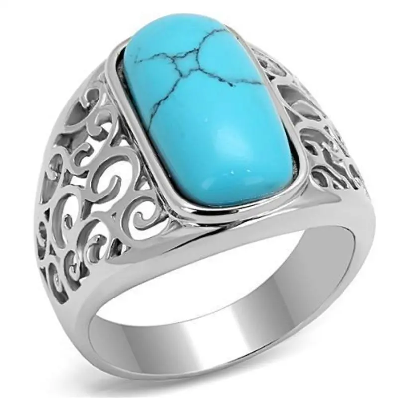 High Polished (No Plating) Stainless Steel Ring With Synthetic Turquoise In Sea Blue 1