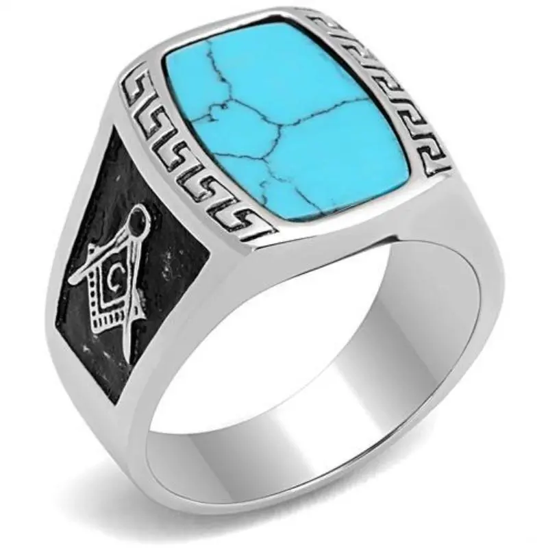 High Polished (No Plating) Stainless Steel Ring With Synthetic Turquoise In Sea Blue 1