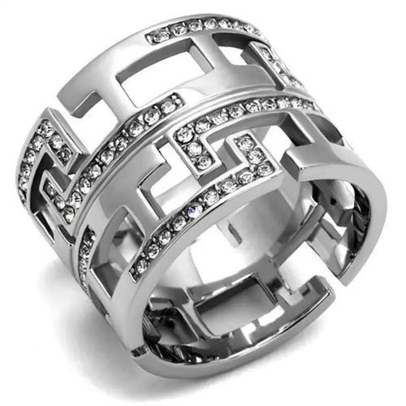 High Polished (No Plating) Stainless Steel Ring With Top Grade Crystal In Clear 1