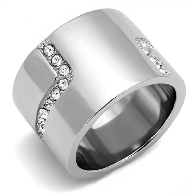 High Polished (No Plating) Stainless Steel Ring With Top Grade Crystal In Clear 1