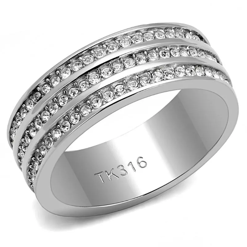 High Polished (No Plating) Stainless Steel Ring With Top Grade Crystal In Clear 1