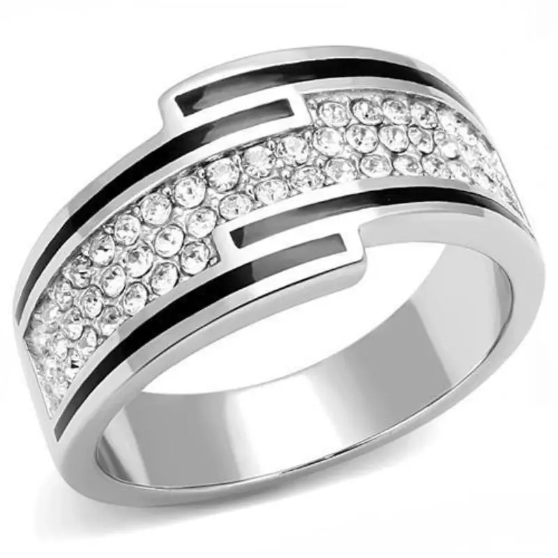 High Polished (No Plating) Stainless Steel Ring With Top Grade Crystal In Clear 1