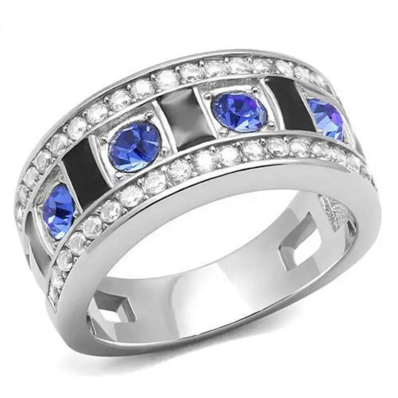 High Polished (No Plating) Stainless Steel Ring With Top Grade Crystal In Sapphire 1