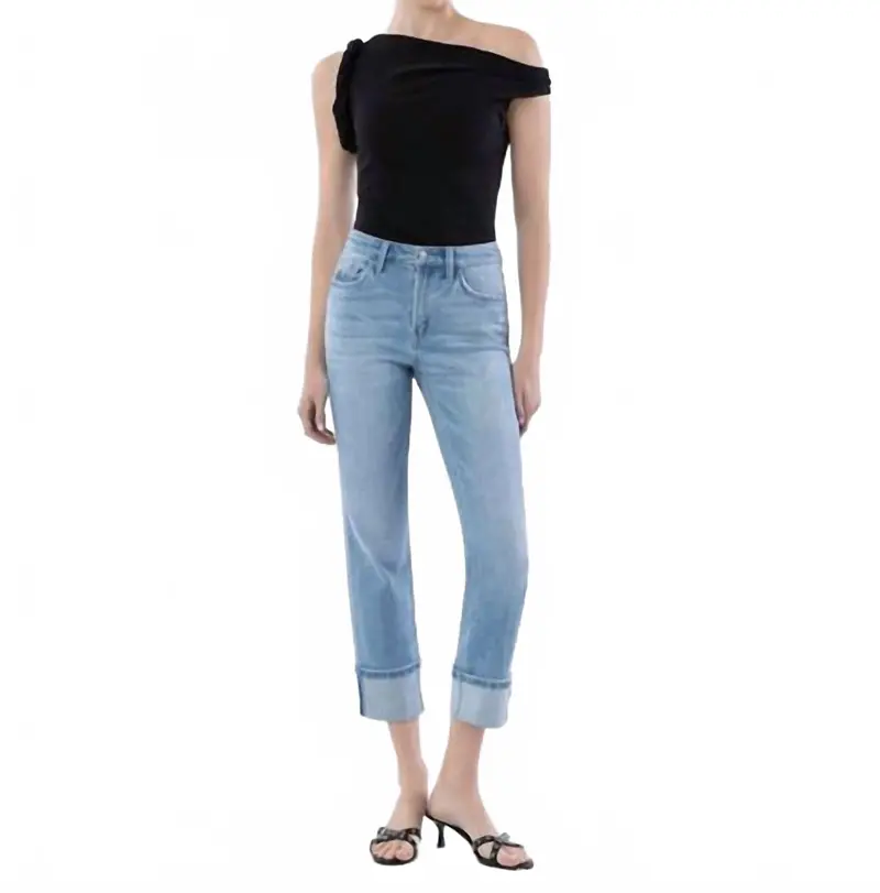 High Rise Cuff Crop Slim Straight Jeans In Light Wash 1