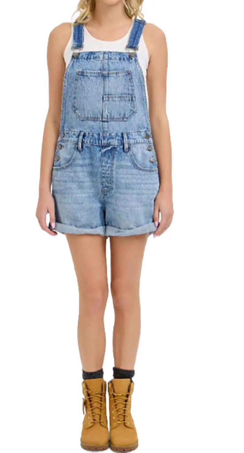 High-Rise Denim Shortall With Rolled Cuff Romper In Medium Blue 1