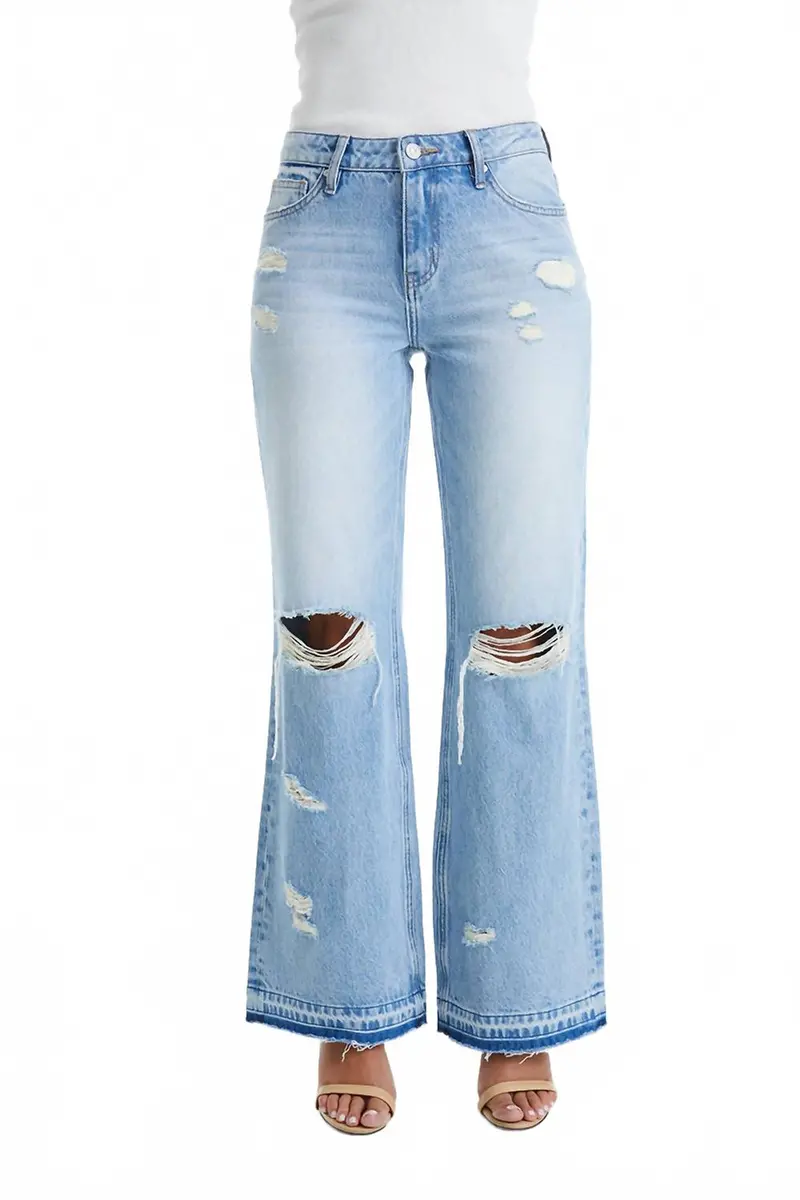 High Rise Distressed Bootcut Raw Hem Jeans In Azure 1