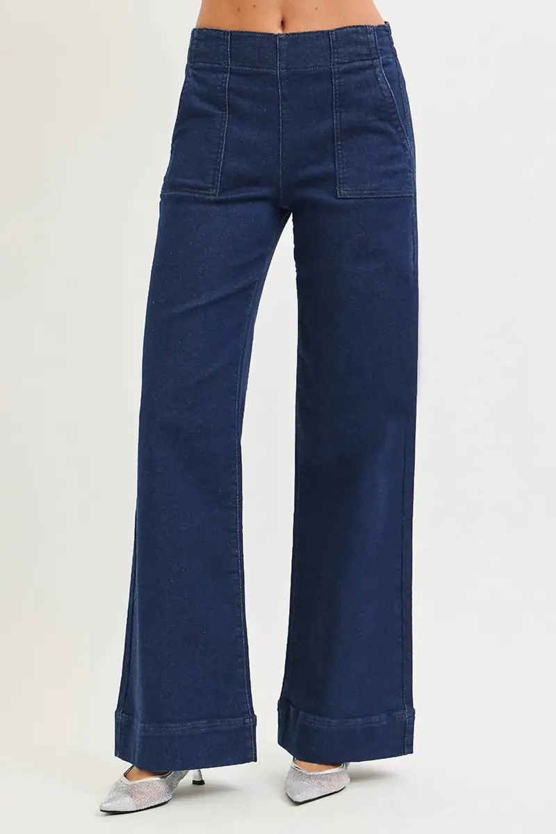 High Rise Elastic Waist Band Jeans In Blue 1