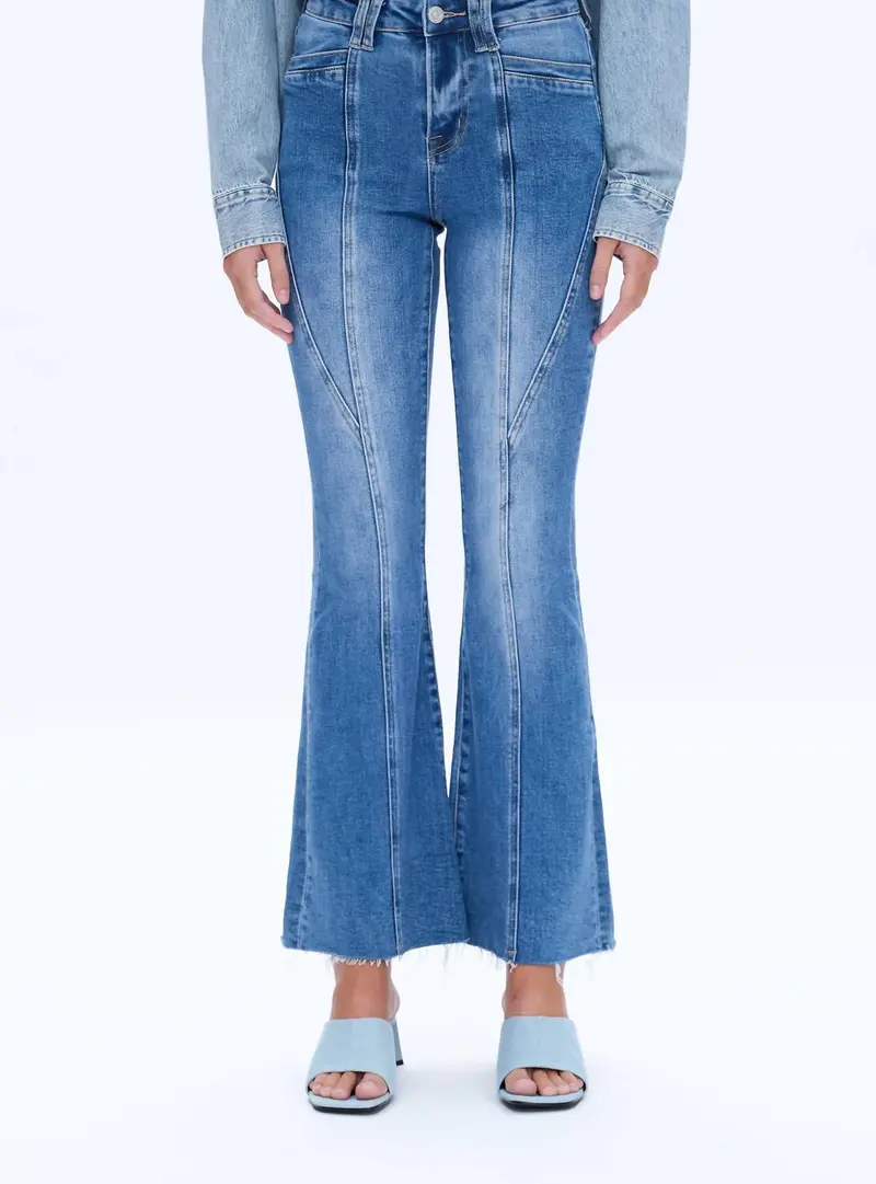 High Waist Raw Hem Flare Jeans In Medium Blue 1