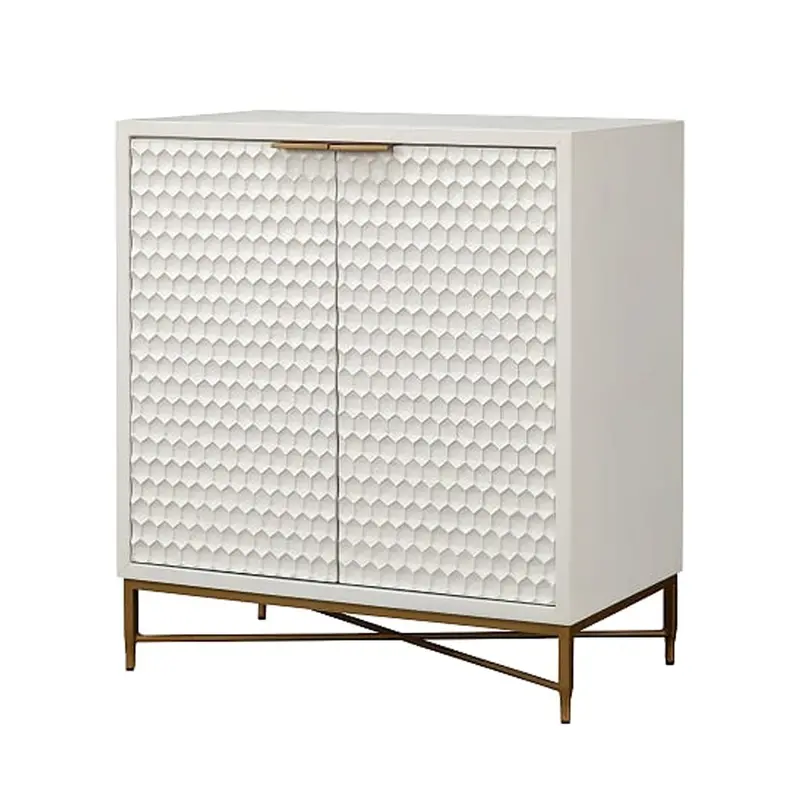 Honeycomb Design 2 Door Bar Cabinet With Metal Legs, White 1