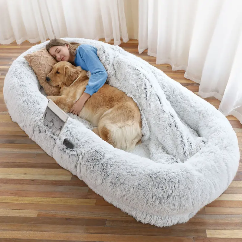 Human Dog Bed, Large Size Fits You And Pets, Washable Faux Fur Dog Bed -Gray-6Xl(71"L X 45"W X 12"Th), Orthopedic Dog Bed, Present Plump Pillow, Blanket, Strap 1