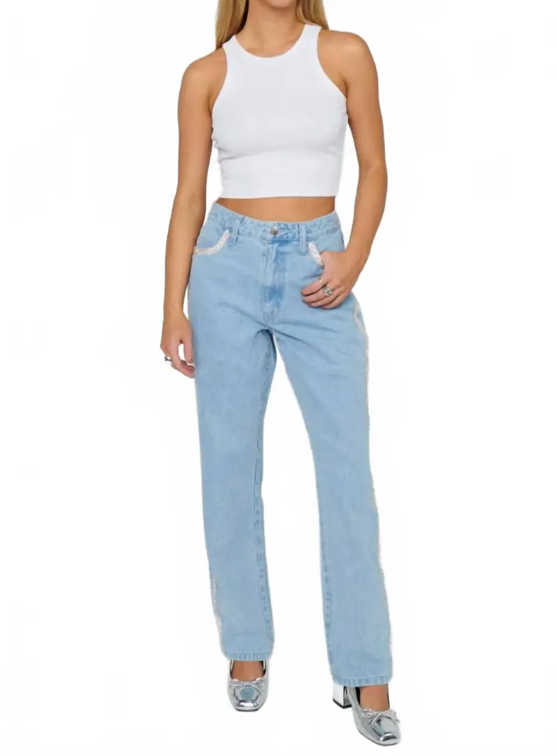 Icon Straight Leg Jeans In Indigo Rhinestone Trim 1