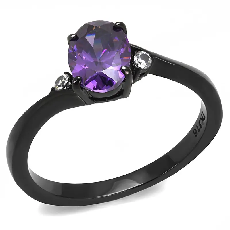 Ip Black(Ion Plating) Stainless Steel Ring With Aaa Grade Cz In Amethyst 1