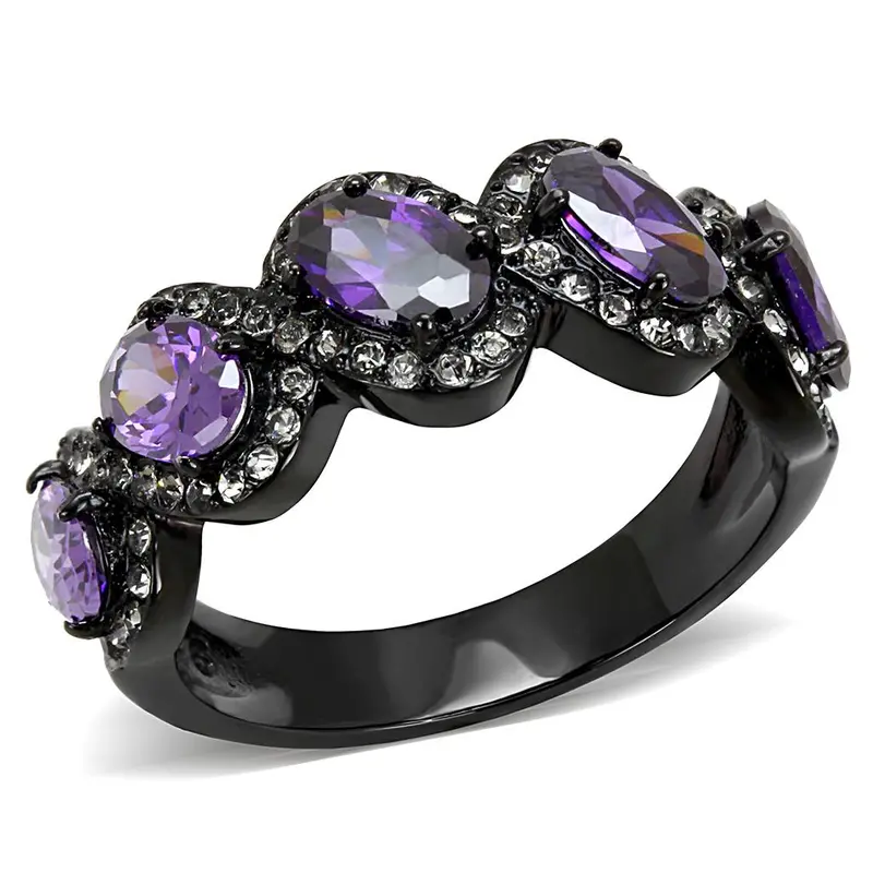 Ip Black(Ion Plating) Stainless Steel Ring With Aaa Grade Cz In Amethyst 1