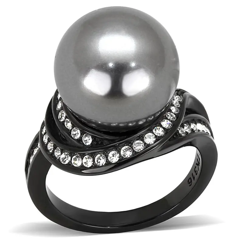 Ip Black(Ion Plating) Stainless Steel Ring With Synthetic Pearl In Gray 1