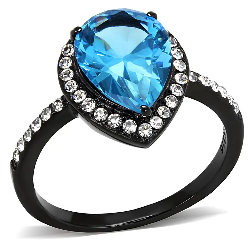 Ip Black(Ion Plating) Stainless Steel Ring With Synthetic Synthetic Glass In Sea Blue 1