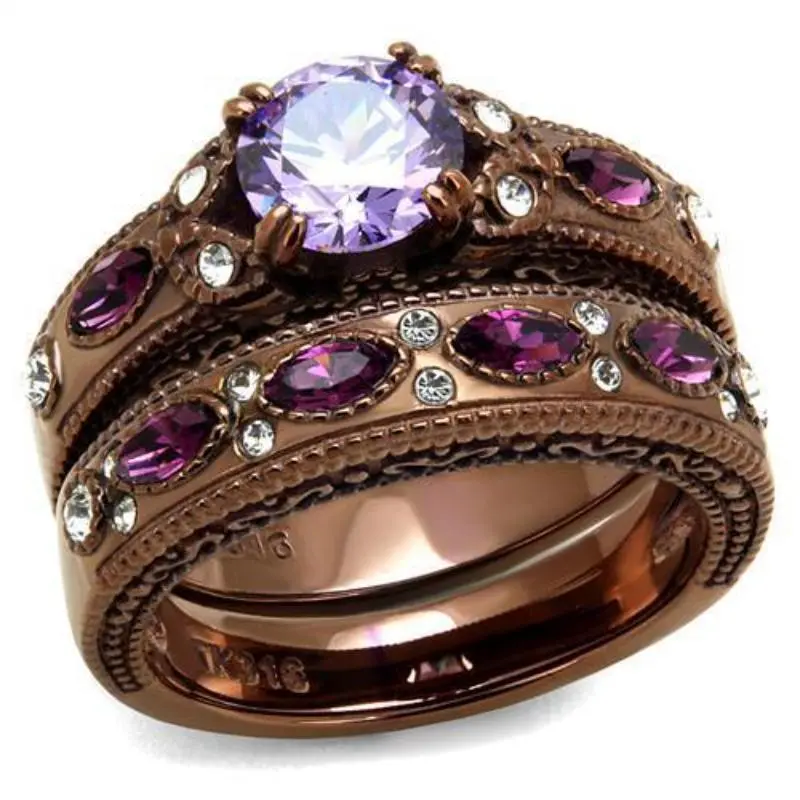 Ip Coffee Light Stainless Steel Ring With Aaa Grade Cz In Amethyst 1