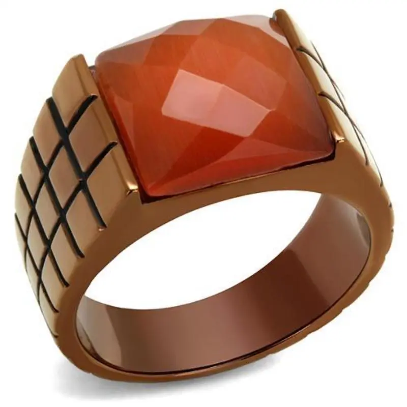 Ip Coffee Light Stainless Steel Ring With Semi-Precious Cat Eye In Orange 1