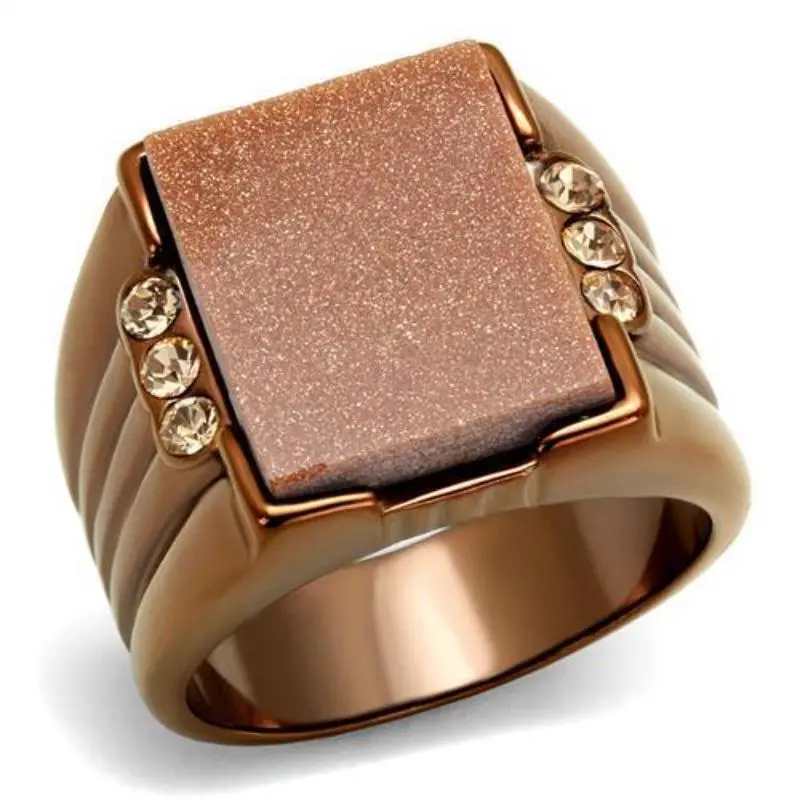 Ip Coffee Light Stainless Steel Ring With Semi-Precious Gold Sand Stone In Siam 1