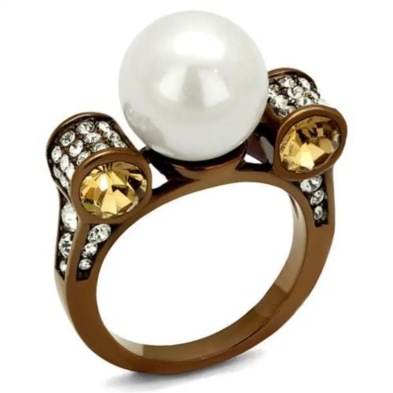 Ip Coffee Light Stainless Steel Ring With Synthetic Pearl In White 1