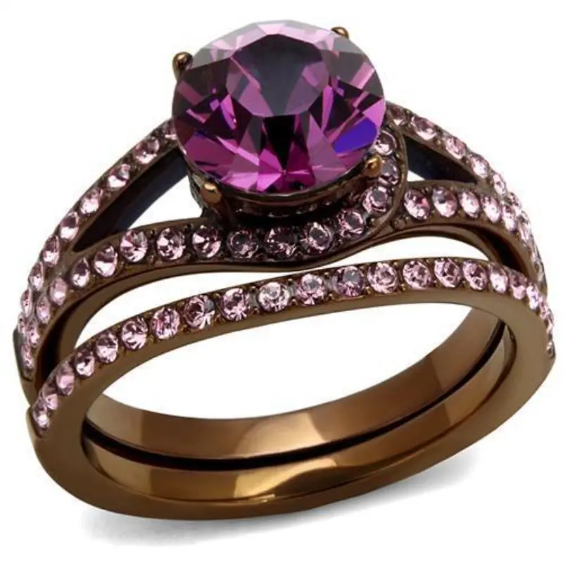 Ip Coffee Light Stainless Steel Ring With Top Grade Crystal In Amethyst 1