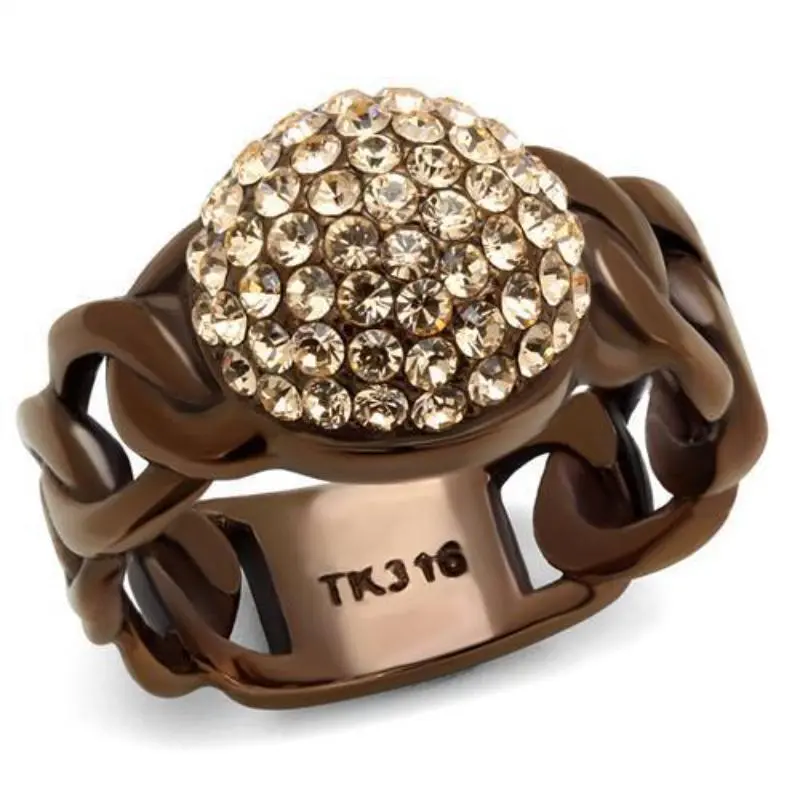 Ip Coffee Light Stainless Steel Ring With Top Grade Crystal In Light Peach 1