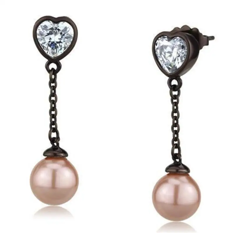 Ip Dark Brown (Ip Coffee) Stainless Steel Earrings With Synthetic Pearl In Light Rose 1