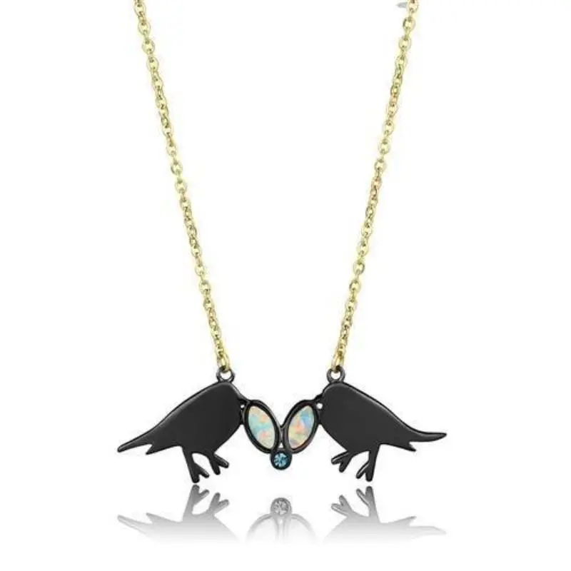Ip Gold+ Ip Black (Ion Plating) Stainless Steel Necklace With Semi-Precious Opal In Aurora Borealis (Rainbow Effect) 1