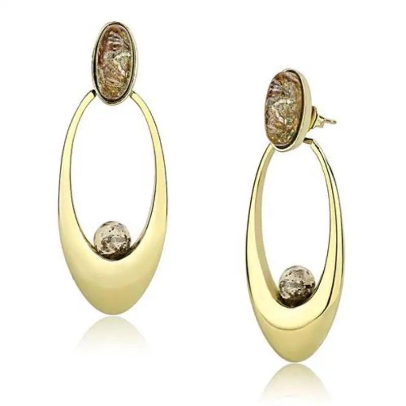 Ip Gold(Ion Plating) Stainless Steel Earrings With Semi-Precious Oligoclase In Multi Color 1