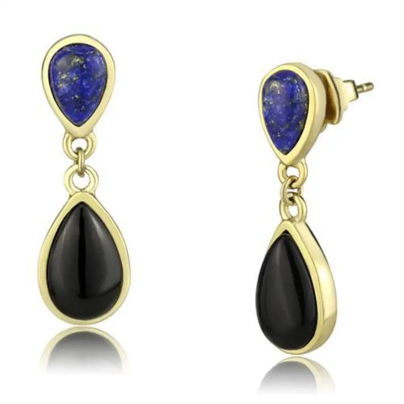 Ip Gold(Ion Plating) Stainless Steel Earrings With Semi-Precious Onyx In Jet 1