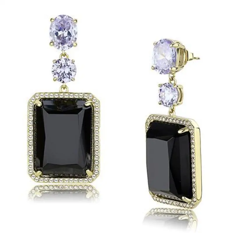 Ip Gold(Ion Plating) Stainless Steel Earrings With Synthetic Synthetic Glass In Jet 1