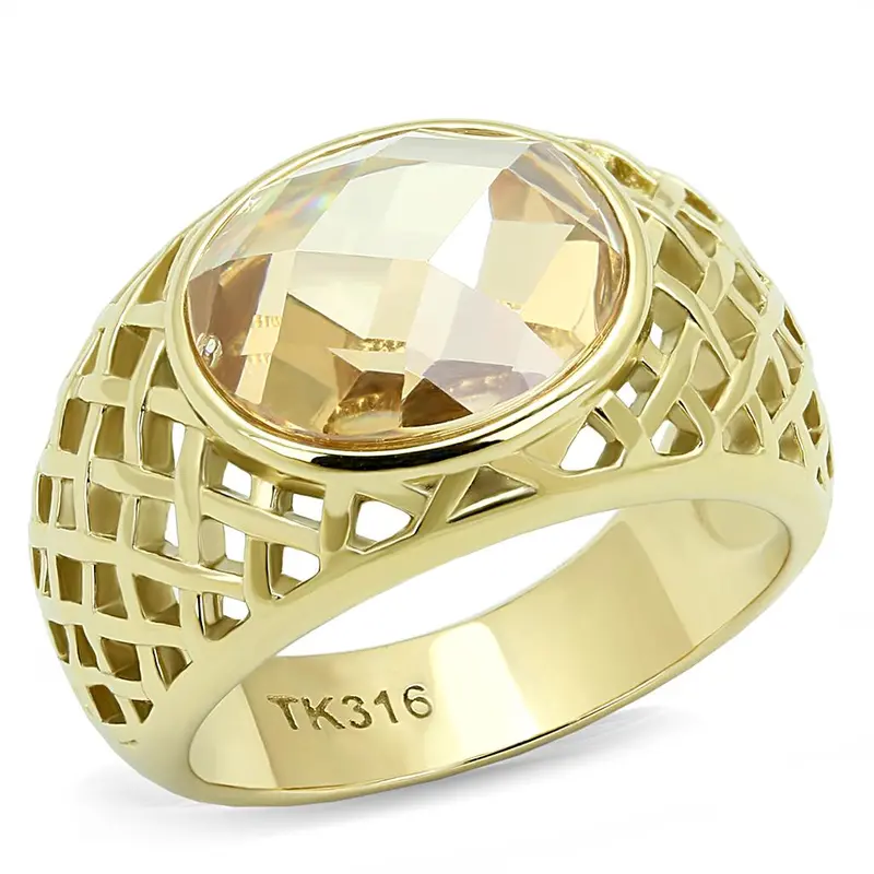 Ip Gold(Ion Plating) Stainless Steel Ring With Aaa Grade Cz In Champagne 1