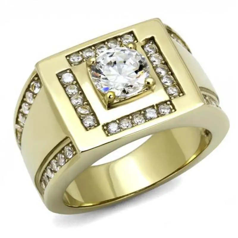 Ip Gold(Ion Plating) Stainless Steel Ring With Aaa Grade Cz In Clear 1