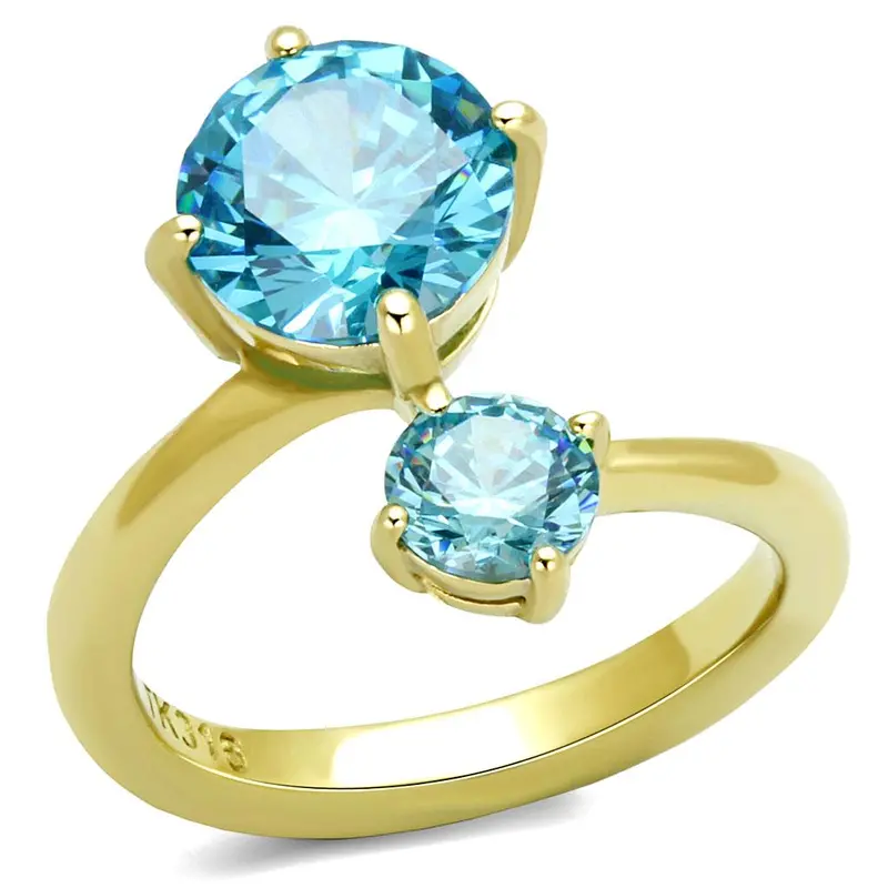 Ip Gold(Ion Plating) Stainless Steel Ring With Aaa Grade Cz In Sea Blue 1