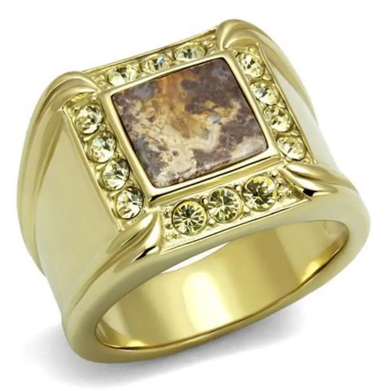 Ip Gold(Ion Plating) Stainless Steel Ring With Semi-Precious Oligoclase In Smoked Quartz 1