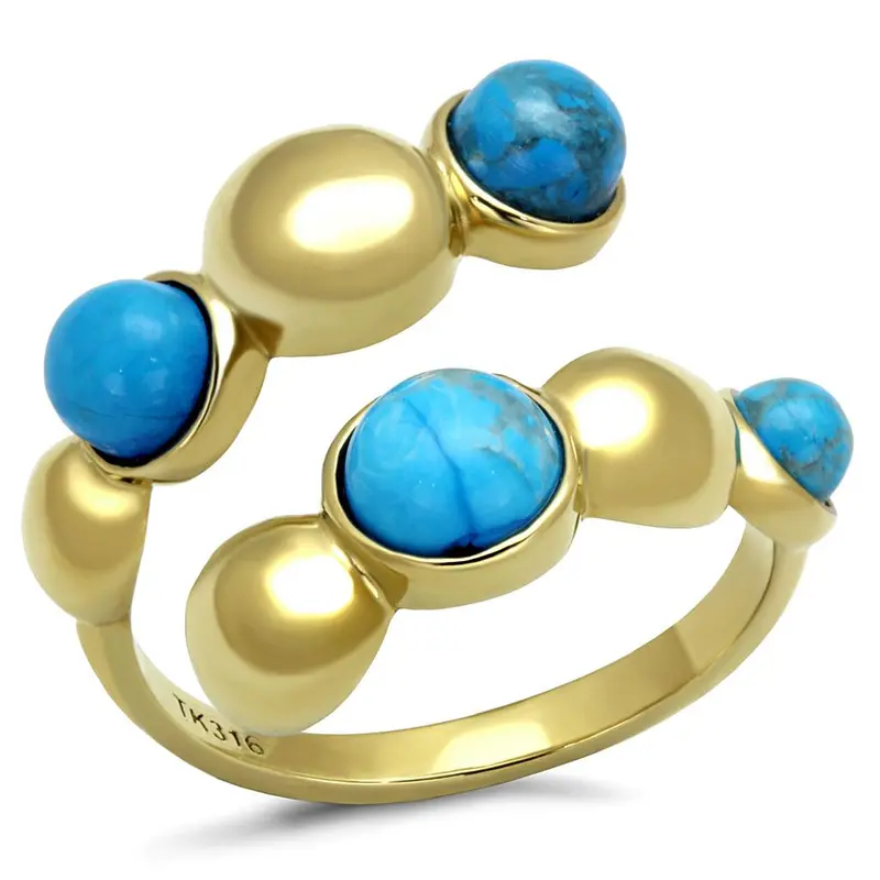 Ip Gold(Ion Plating) Stainless Steel Ring With Semi-Precious Turquoise In Sea Blue 1